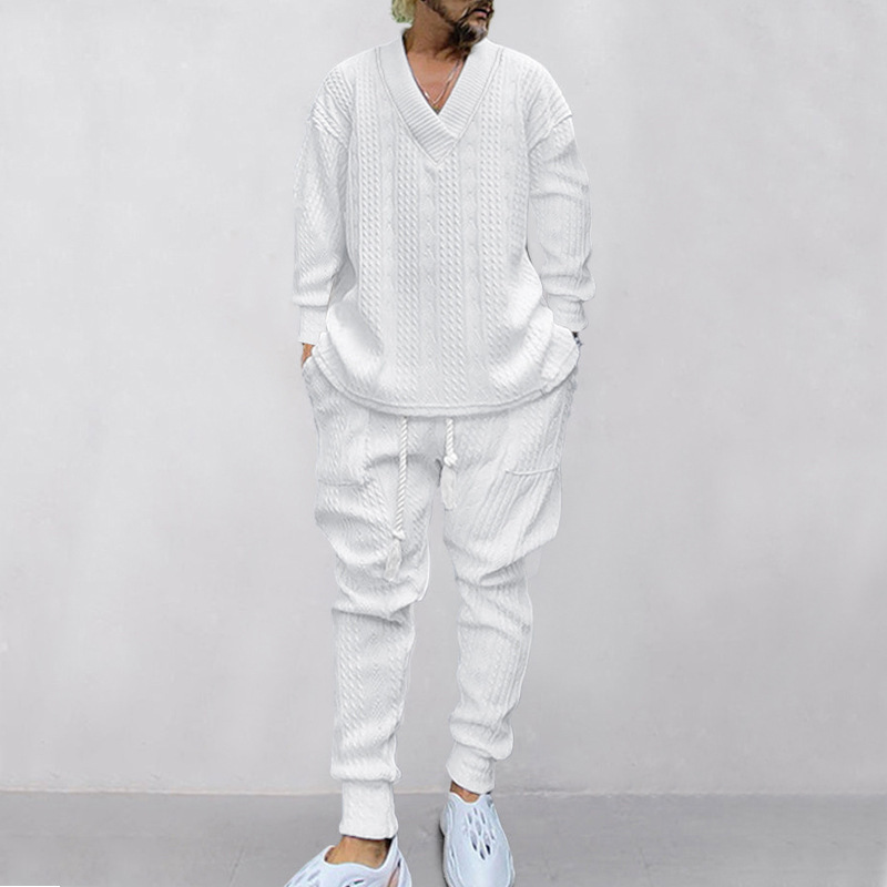 Set autunnale uomo maglieria jacquard con pantaloni collo a v_voghion.com