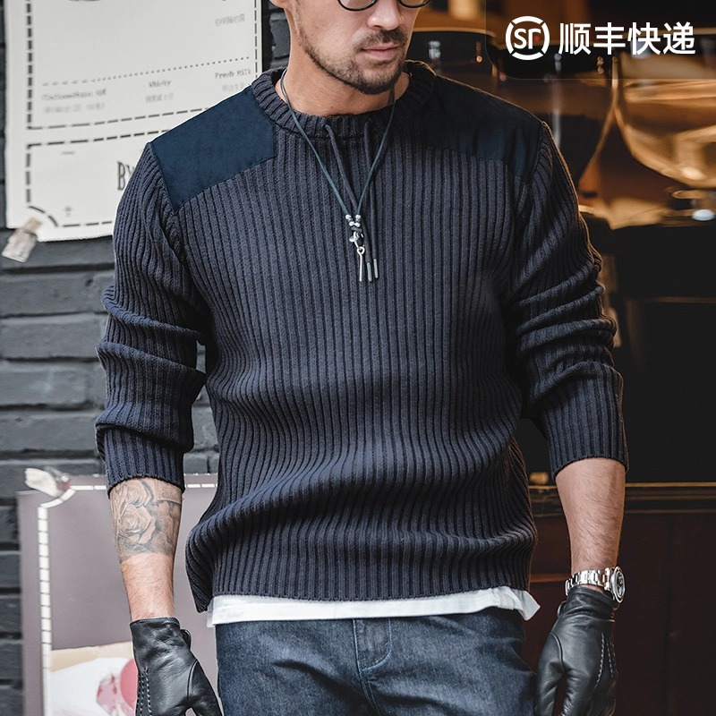 马登工装 美式复古竖条纹拼接毛衣圆领修身硬汉风战术针织衫男秋