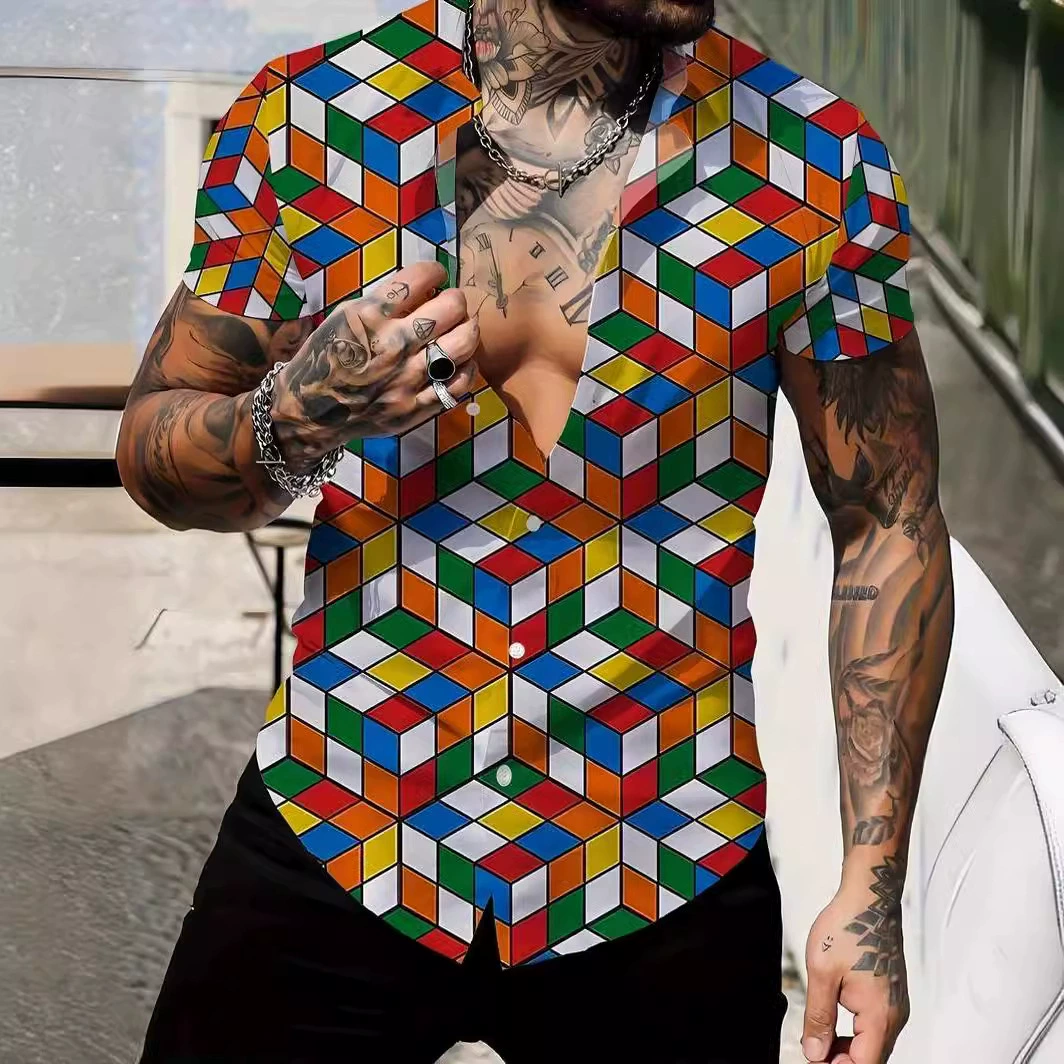 Мужская гавайская рубашка, 3D печать модная рубашка с коротким рукавом с v-образным вырезом