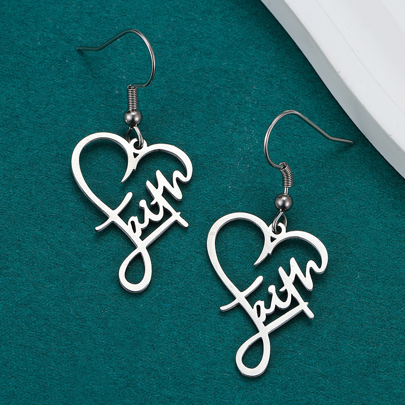 201 Stainless Steel Material 1 Pair Vintage Style Cross Heart Shape Polishing 201 Stainless Steel Drop Earrings