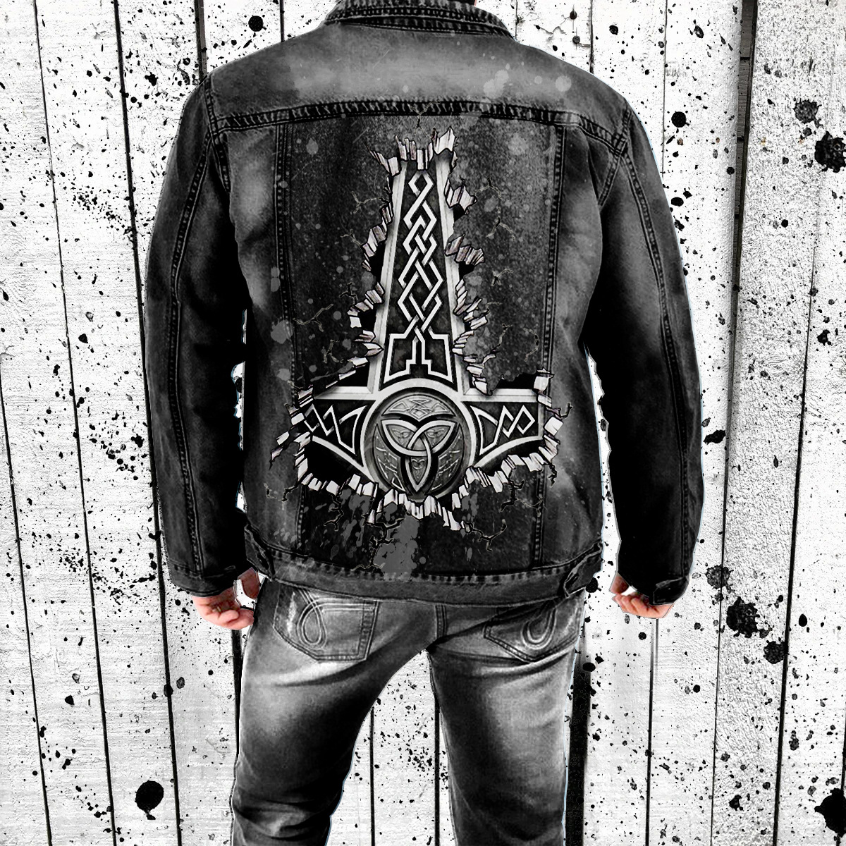 Viking Warrior Print Spray Denim Coat Flip Collar Single breasted Casual Men's Wear_voghion.com
