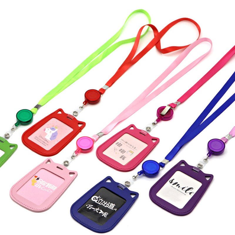 小猫卡通双层皮质伸缩卡套挂绳校园学生证件卡套公交车胸牌卡套|ms