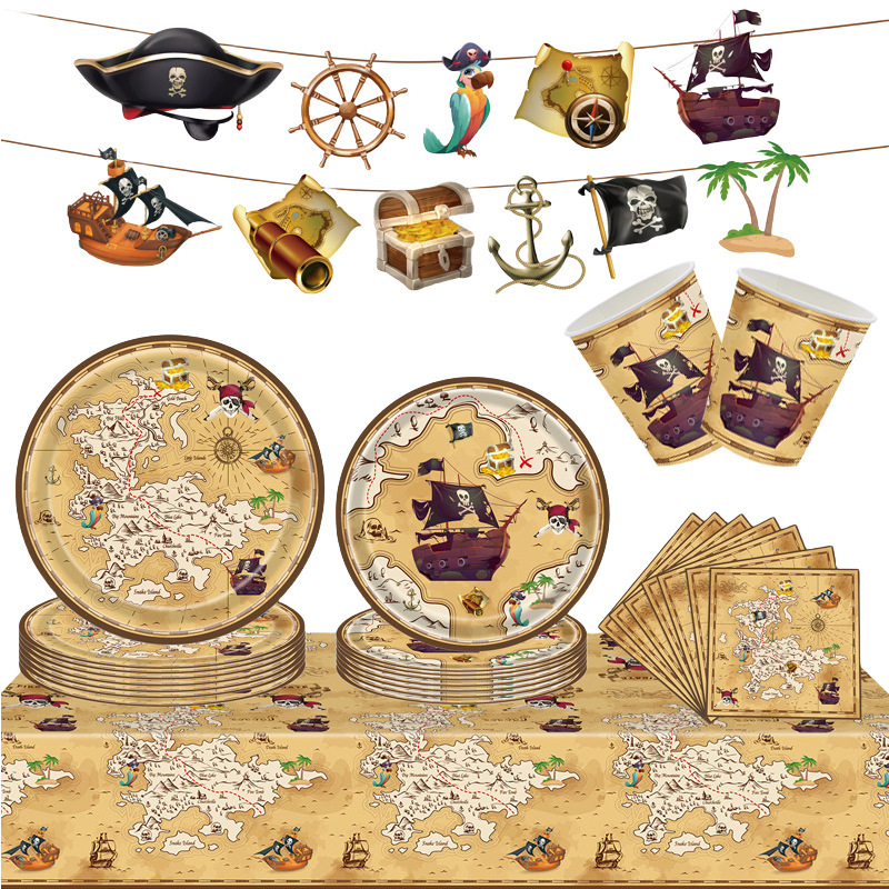 New Pirate Treasure Hunt Theme Disposable Tablecloth Paper Plate Paper Cup Paper Towel Flag Party Set Decoration Supplies