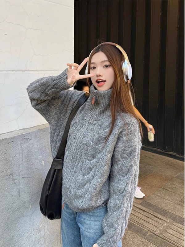美拉德高领双拉链毛衣开衫女秋冬宽松慵懒风小众加厚麻花针织外套|undefined