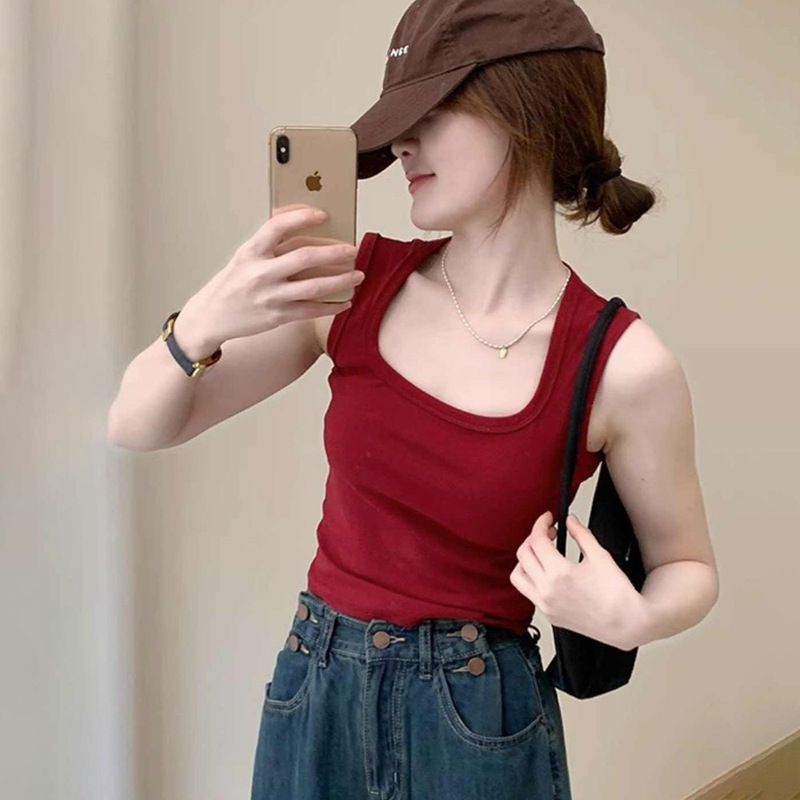 Hot Girl's Navel-Baring Wide-Shouldered Square-Neck Pure Cotton Beautiful Back Vest with Breast Pads Intimates Outer Wear Bottoming Sleeveless Tube Top for Women