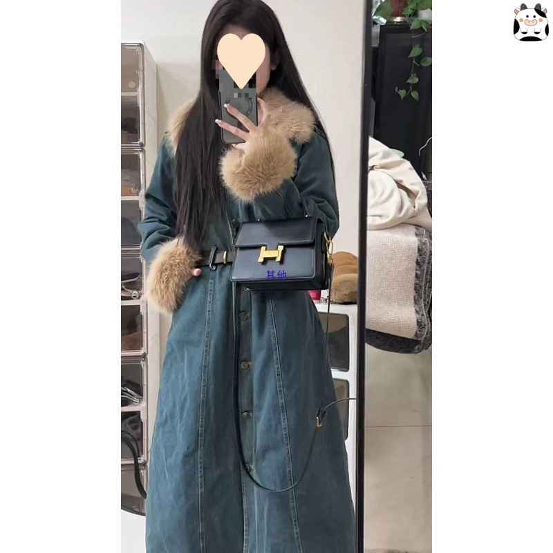 狐狸大毛领牛仔派克服连衣裙女冬收腰显瘦毛毛袖夹棉加厚复古棉服