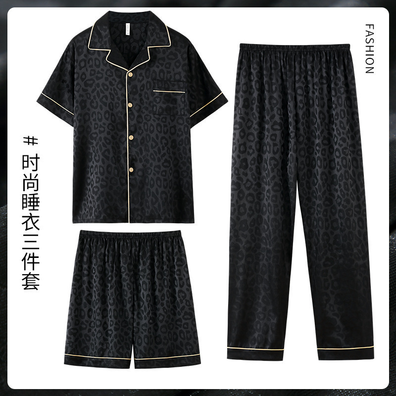 Traje de tres piezas de pijamas de verano de alta calidad para hombres Ropa de hogar de seda real de seda de hielo de manga corta para hombres jóvenes