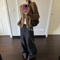 韩系老钱风排扣设计感高腰直筒休闲牛仔阔腿裤女时尚牛仔裤