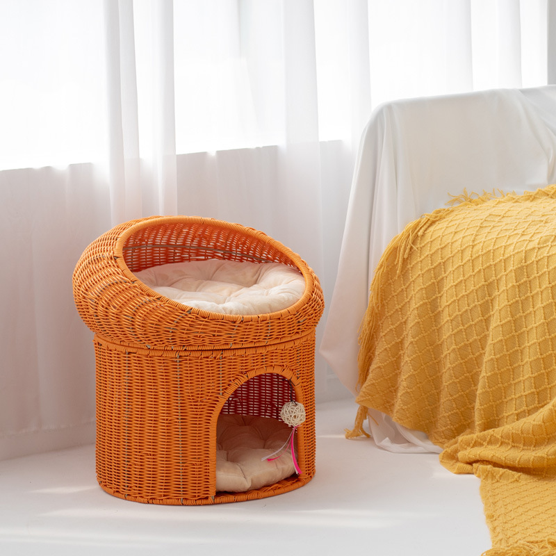 Gato Verano Fresco Gato nido de ratán transpirable Casa bebé gato nido cuatro estaciones universal de doble capa semi-cerrado nido de mascotas