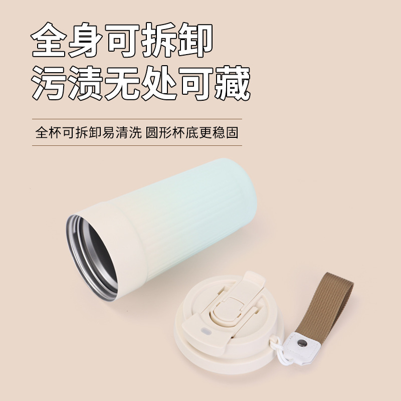 新しい高品質縦縞グラデーションコーヒーカップ 316 ステンレス鋼のポータブル断熱カップ、持ち運び可能なロープ付きポータブルダブルドリンクカップ|undefined