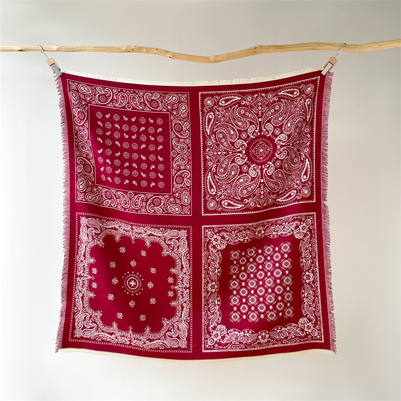 Predimenzionirani kašmirski kvadratni šal u etničkom stilu, ženski debeli šal s resicama, topli šal s cvijetom indijskih oraščića_voghion.com