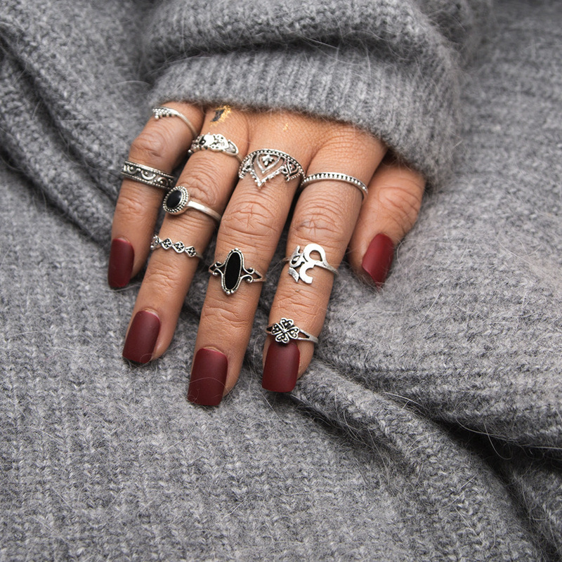 European and American Retro New Taiji Bagua Yin and Yang Gouyu Black Gem Carved Xingyue Yoga 10-piece Combination Ring