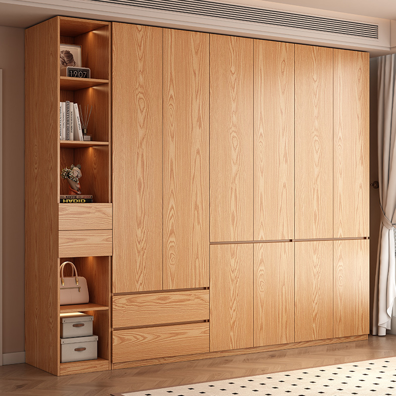 Wardrobe for Home Use in the Bedroom, Solid Wood Cabinet in Natural Wood Color, Double-Door Segmented Storage Wardrobe, Multi-Layer Solid Wood Storage Cabinet