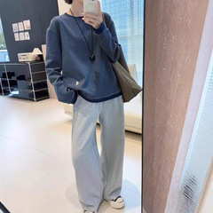 韩系打底衫女长袖秋季新款蓝色百搭圆领显瘦复古简约休闲条纹t恤