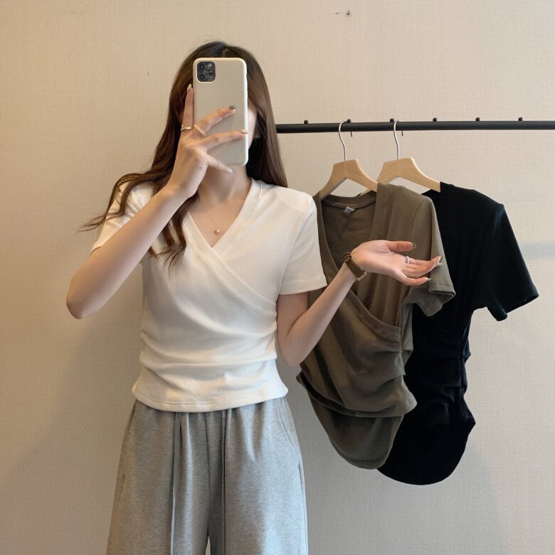 2024 Summer New Design Sense Slim-fit Slim-fit Short Student Slim-fit Top Trendy Cross V-neck Short-sleeved T-shirt for Women