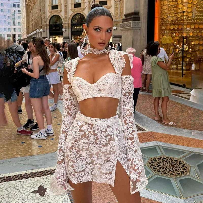 Европейский и американский трансграничный 2025 весенний и летний женский модный повседневный набор персонализированный уличный кружевной полый костюм юбки