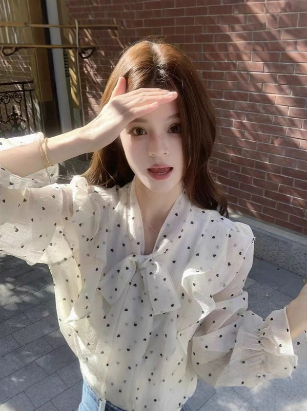 2025春夏季女士新款法式高级感荷叶边波点衬衫设计感绑带宽松上衣|undefined