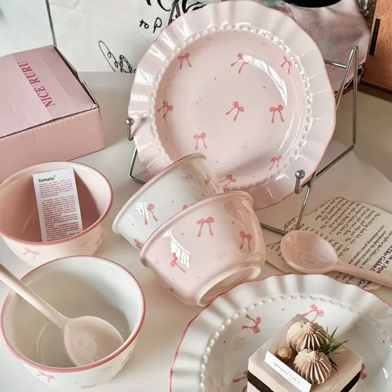 碗ins蝴蝶结碗碟套装饭碗家用陶瓷餐具高颜值盘子面碗网红草帽盘