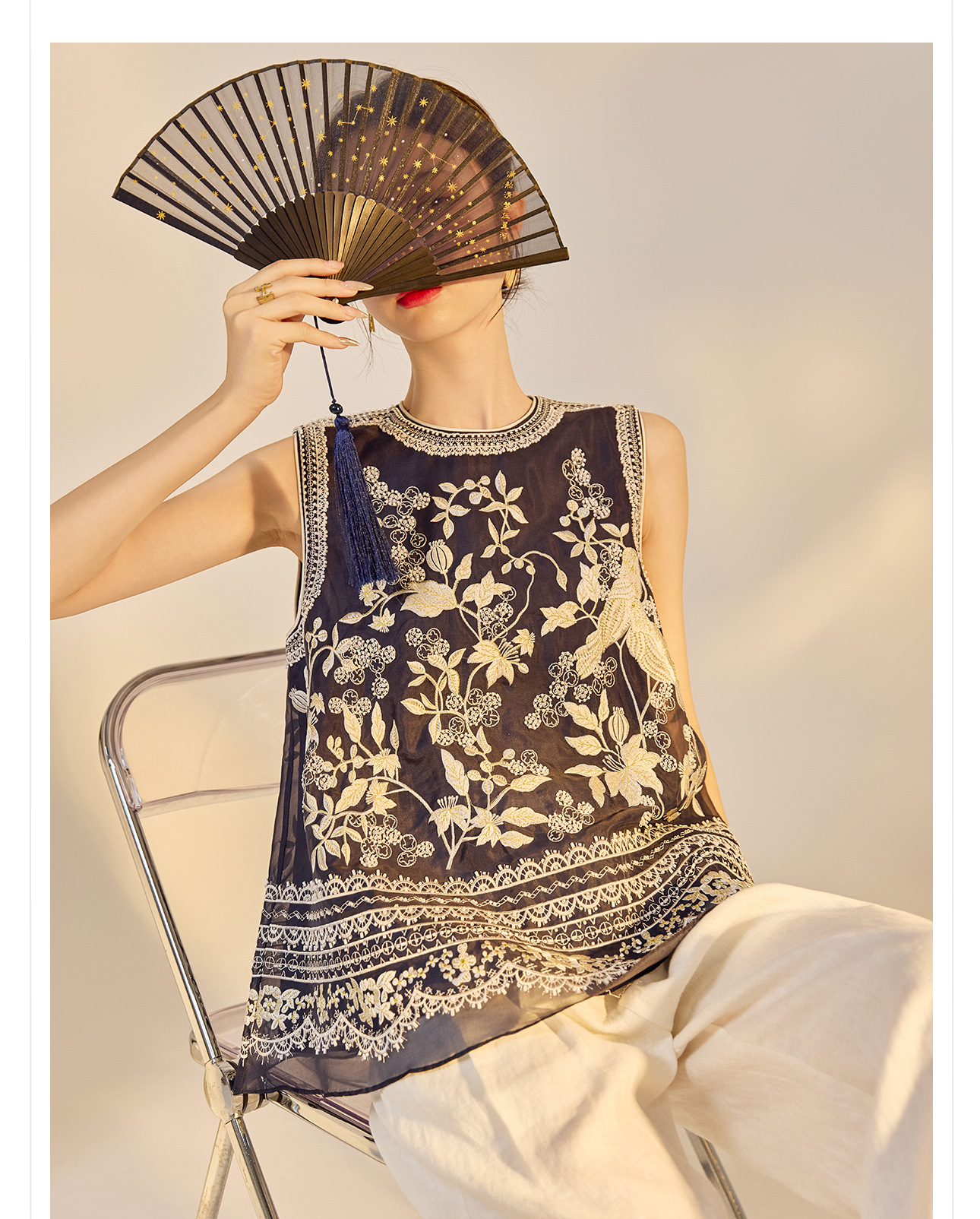 Áo vest không tay cổ tròn đính cườm nặng lụa tơ tằm phong cách Tân Trung Hoa ZX N6013 — màu xanh hải quân chi tiết 5