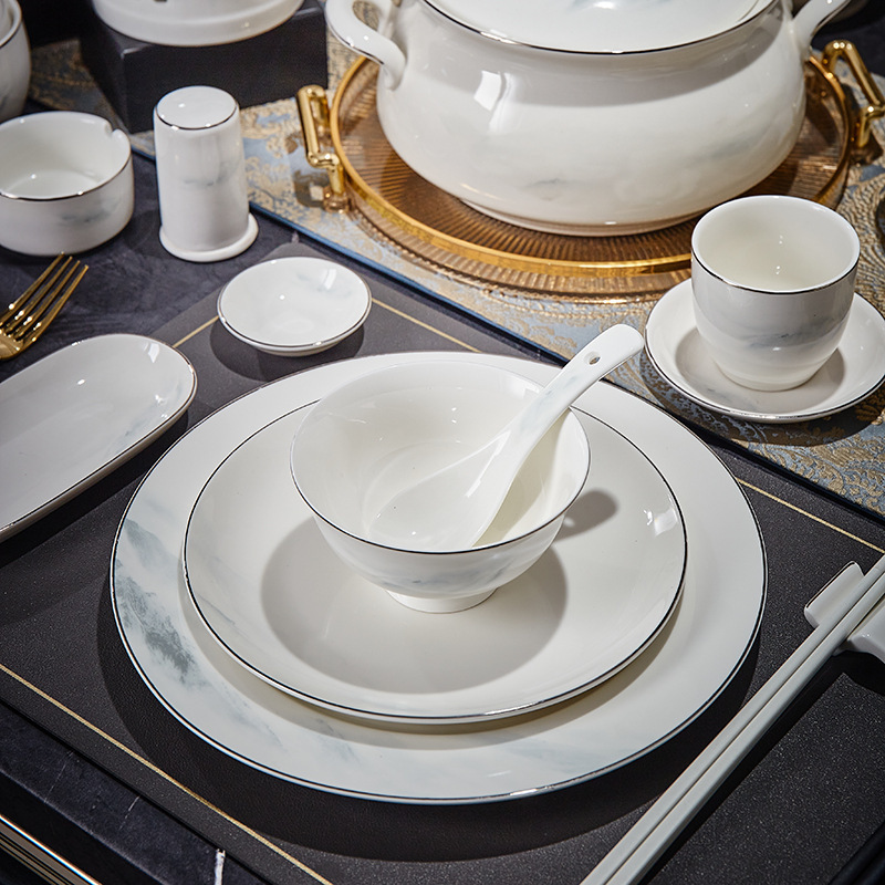 Ceramic Hotel and Club Tableware Set, Eight-Piece Bowl and Plate Set with Silver Rim, Bowl and Chopstick Combination Tableware, Customizable with Logo Ceramic Hotel and Club Tableware Set, Eight-Piece Bowl and Plate Set with Silver Rim, Bowl and Chopstick Combination Tableware, Customizable with Logo