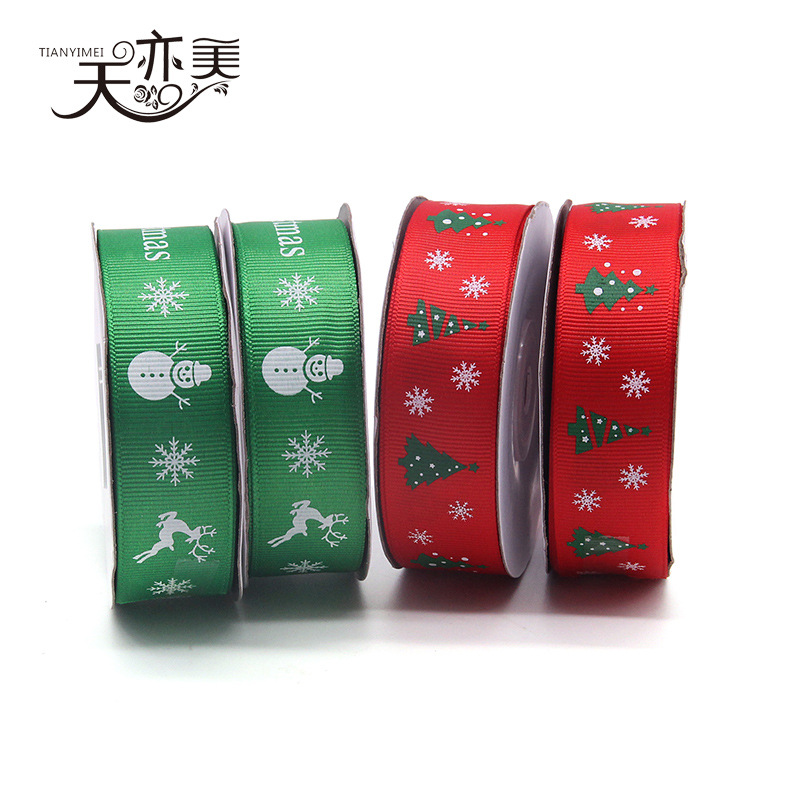 Cinta de embalaje de regalo de Navidad verde rojo 2,5 cm cinta de árbol de Navidad cinta de costilla de muñeco de nieve de Navidad al por mayor