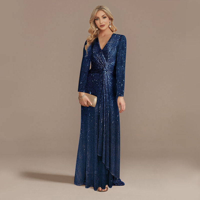 European and American Cross-Border New Evening Dress Prom V Neck Elegant Dress Long Skirt Banquet Host Dress Tail Dress