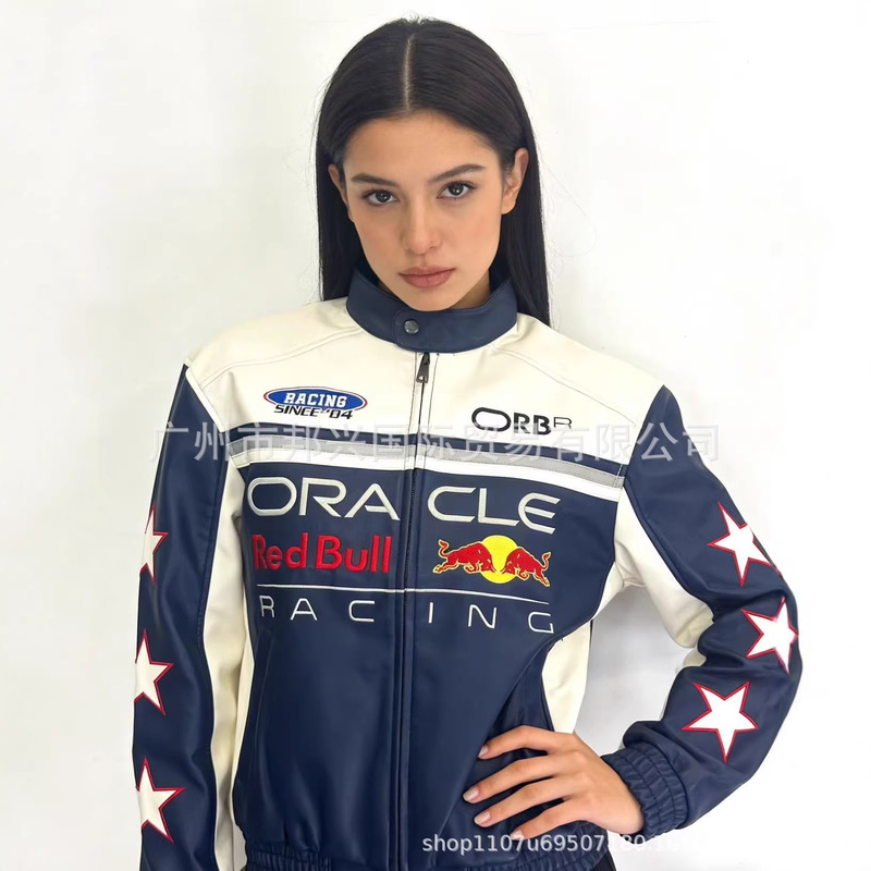 F1 Embroidered Lu Han X Hollister Red Bull Collaboration Embroidered Heavy-Duty Motorcycle Racing Leather Jacket for Men and Women