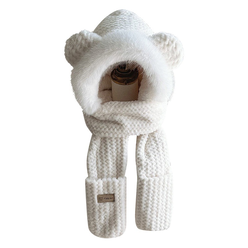 Bear Hat, Scarf and Gloves All in One Winter Windproof Ear Protection Thickeneded Autumn and Winter Warm and Cute Plush One-Piece Hat