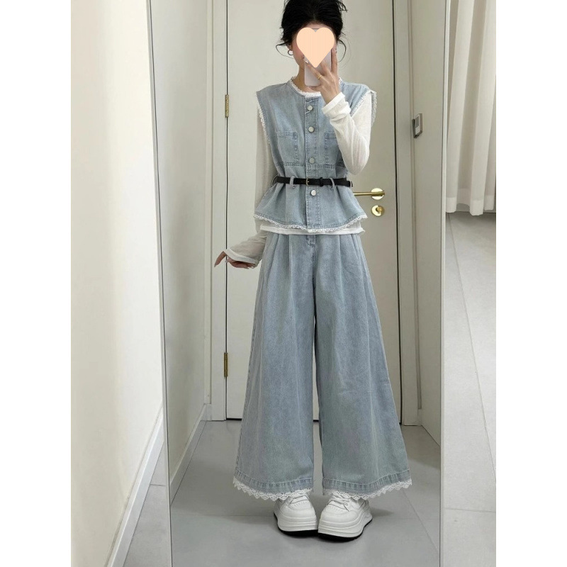 女性用スーツ 2025 春夏新作デニムベストと長袖ボトムシャツとハイウエストワイドレッグパンツのスリーピーススーツ|undefined