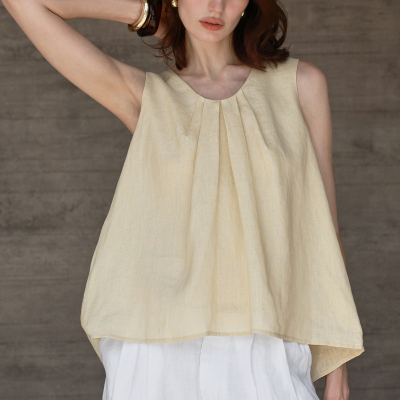 High-End Pure Linen Round Neck Sleeveless Vest for Women with Front I-Pleat Design Sleeveless Top Pure Color Elegant Suspender Belt