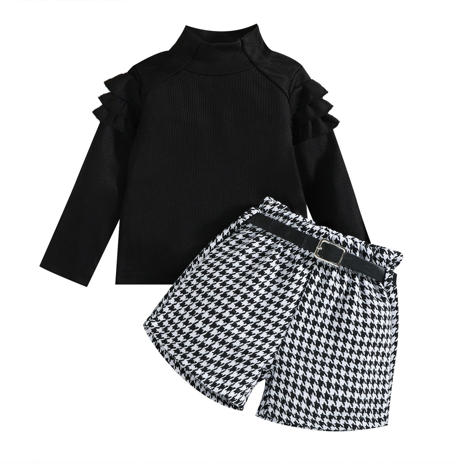 Treasure salary children's clothing autumn high collar ruffle design long sleeved bird pattern shorts with belt set_voghion.com