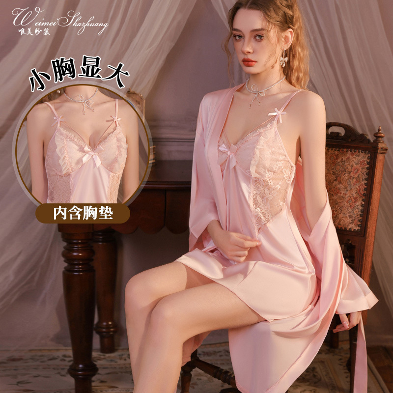 Beautiful French-Style Sheer Nightgown with Chest Pads, Camisole Sleepwear, Robe Set, Lace Splicing Home Camisole Nightgown