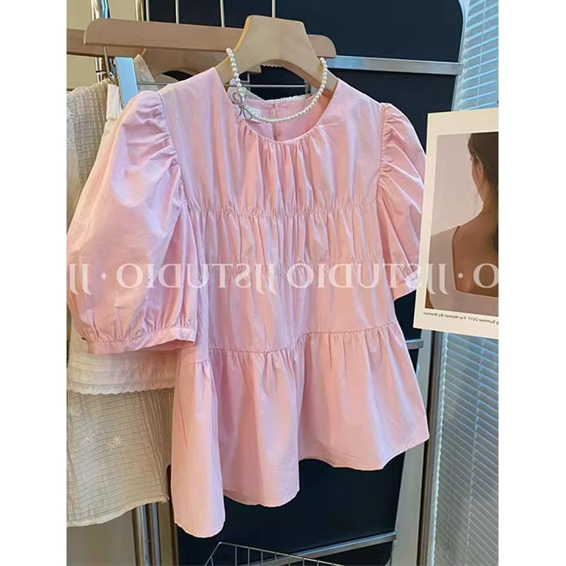 Французская милая розовая плиссированная рубашка с круглым вырезом и пышными рукавами для женщин, летняя свободная элегантная плиссированная дизайнерская кукольная рубашка