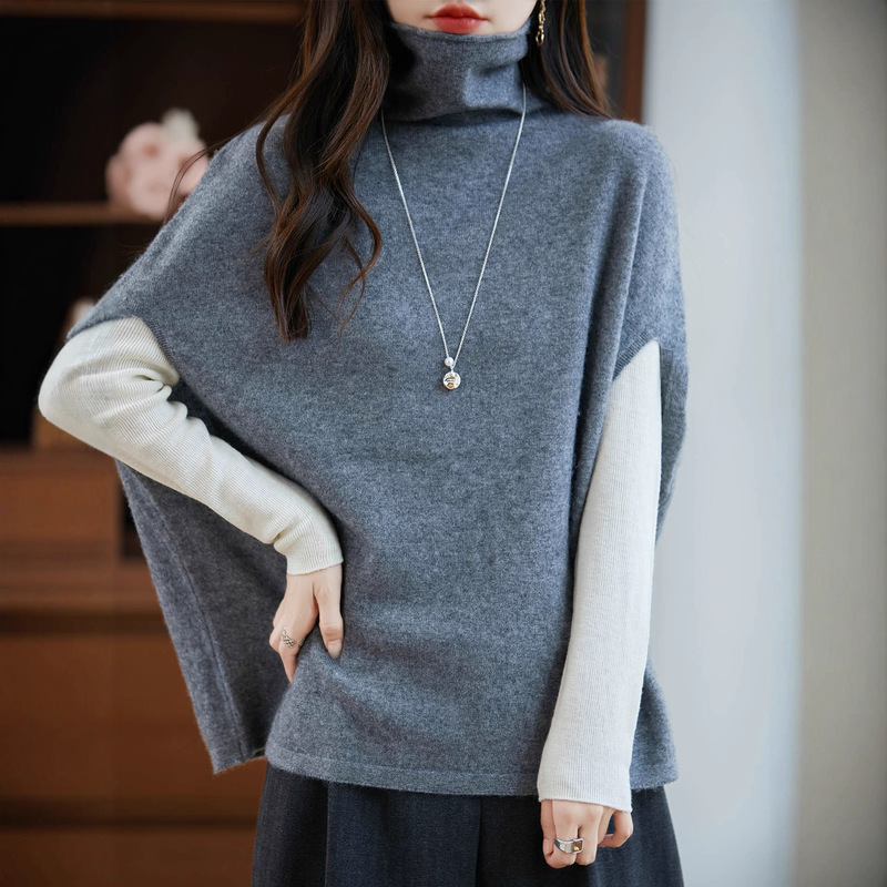 100% Wool Knitted Vest High-Neck Women's Pullover Sleeveless Sweater Base Knitted Vest Loose Slouchy Neck