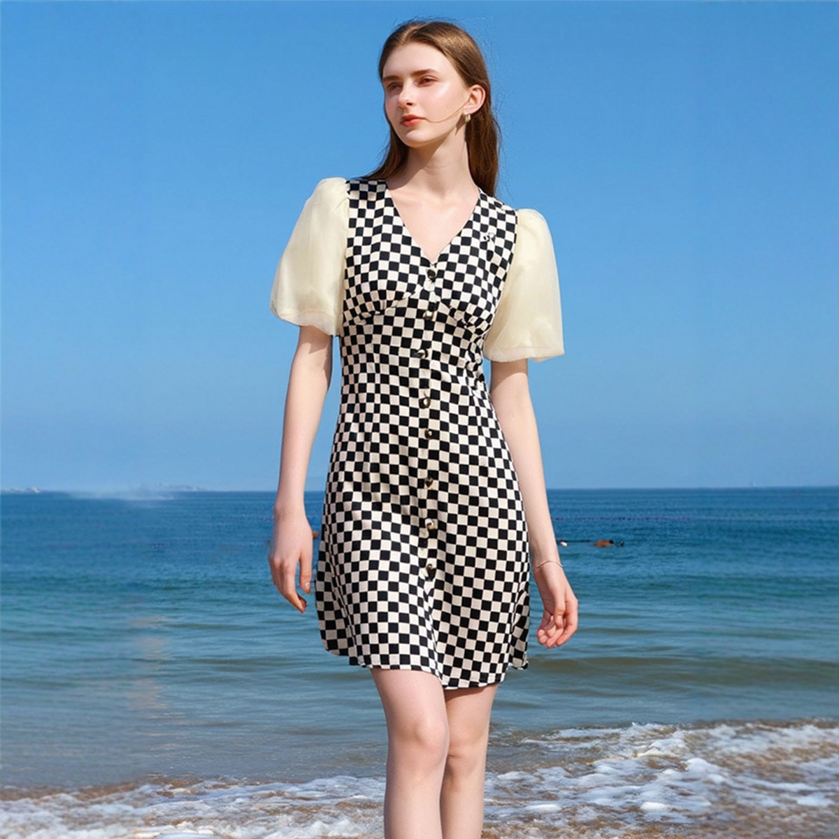 一手货源【丝珂】品牌专柜撤柜！字母珍珠扣连衣裙25夏专柜价579