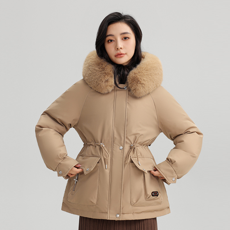 2025 invierno nuevo comercio exterior grueso para superar la cintura femenina delgada con capuzas cuello de cabello grande abrigo de algodón cálido