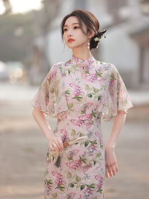 girl Chinese wind pink flowers chinese dresses qipao cheongsam for women morality improve long elegant cheongsam dress