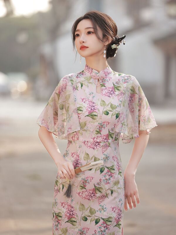 girl Chinese wind pink flowers chinese dresses qipao cheongsam for women  morality improve long elegant cheongsam dress