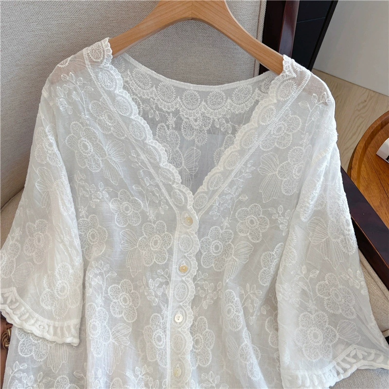 Кардиган-рубашка plus size с V-горловиной, смесь хлопка и льна с вышивкой, лёгкий