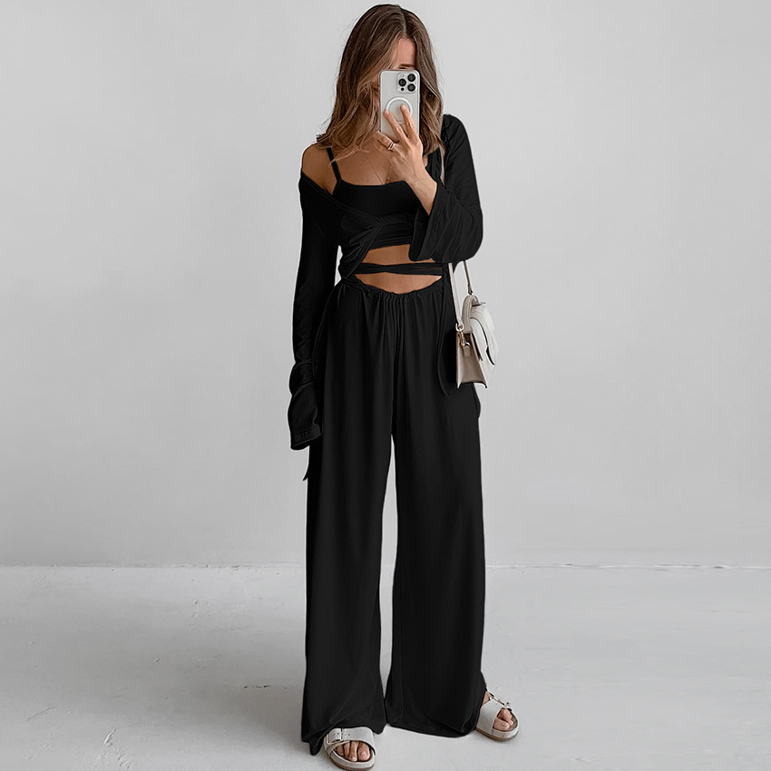 Unterwäsche & Nachtwäsche: Dreiteiliger Modal-Pyjama für Damen, lange Ärmel, lange Hose, bequeme Unterwäsche, modische Hauskleidung für den Herbst_voghion.com