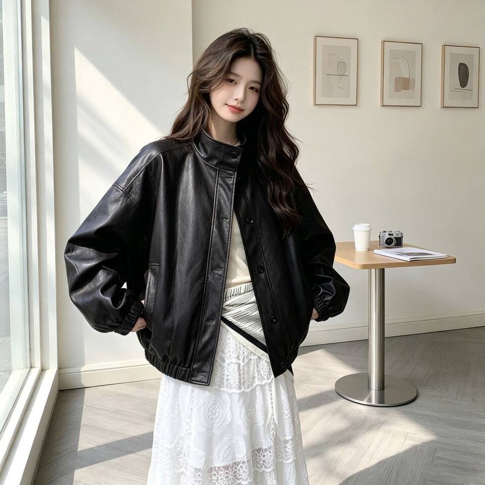 Áo khoác da PU cổ đứng dáng rộng phong cách retro, kiểu biker, dài tay, có lót — Màu đen [Chất lượng cao, có lót vải]