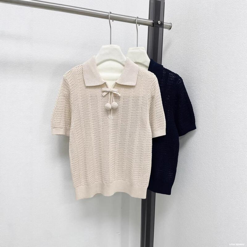 Nanyou High-End Bowknot Cherry Lapel Knit Sweater Va Brand 26Th Early Spring Hollow-Out Short-Sleeve Top for Women