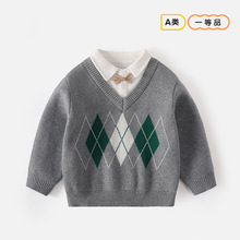 校园假两件单件秋季男童英伦领结套头衫格子a类棉双层针织童毛衣
