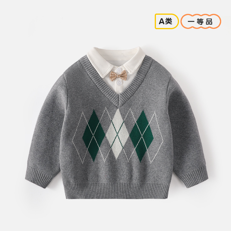 校园假两件单件秋季男童英伦领结套头衫格子a类棉双层针织童毛衣