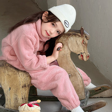 亲子款立领加厚儿童睡衣法兰绒毛绒绒儿童秋冬家居服套装可外穿