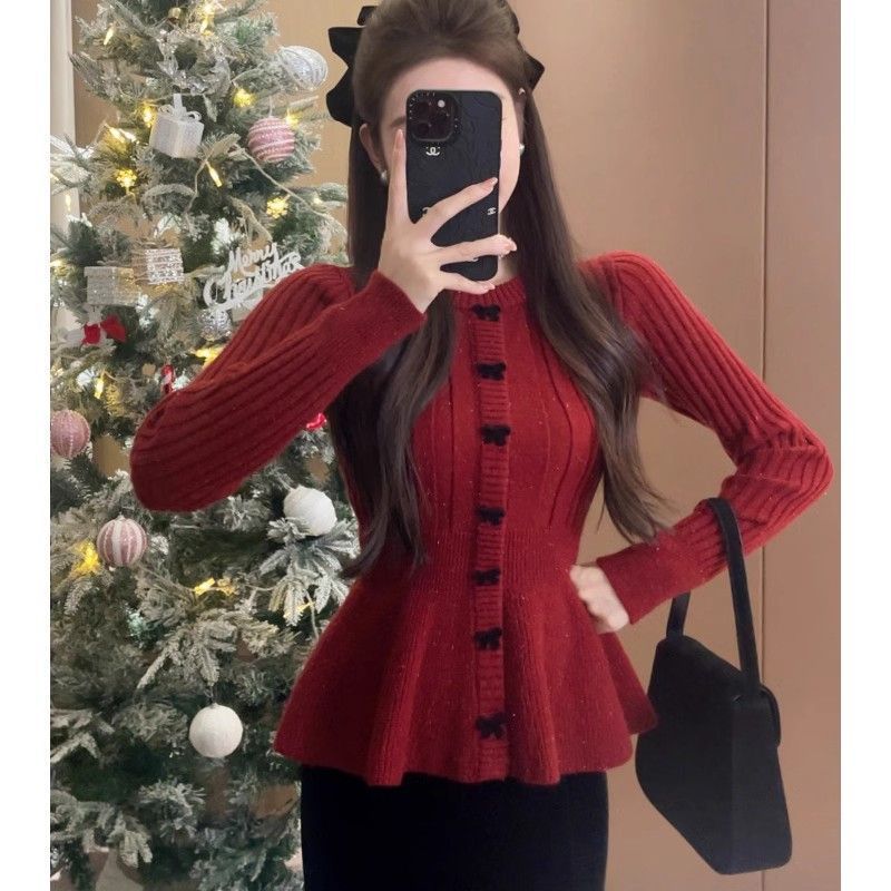 过年穿搭喜庆红色蝴蝶结毛衣女秋季2025大码胖mm超好看针织衫上衣|undefined