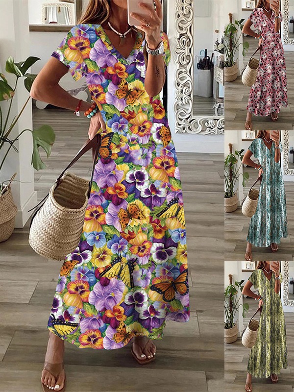 Women Bohemian Printed Swing Dress Summer Gray New