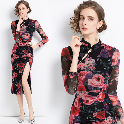 Retro mesh Floral chinese dress oriental qipao improved cheongsam dress Elegant temperament  slit car model miss etiquette dress