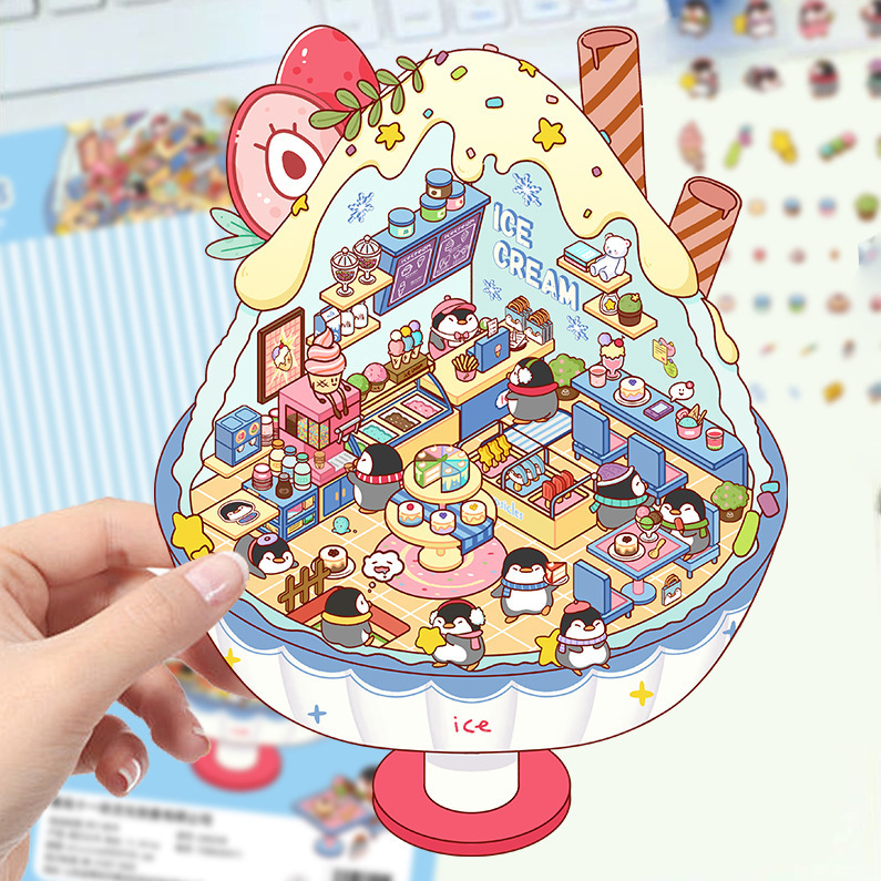 漫画造園ステッカー、さまざまなミニチュア世界 3D キャビン、リトルレッドブック減圧 DIY シーンハンドブックステッカー卸売 PET|undefined