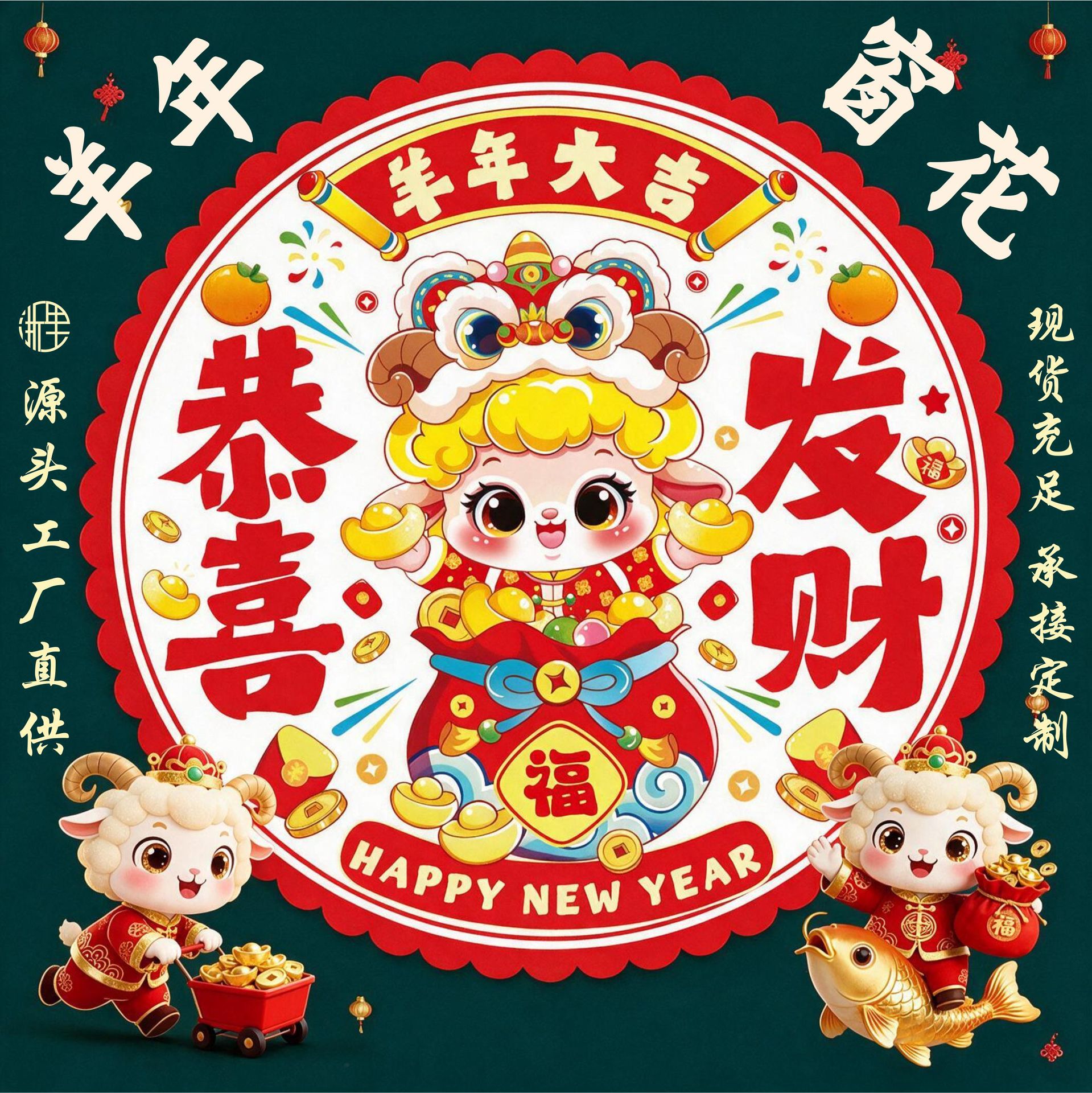 2027 Year of the Sheep New Year Electrostatic Window Stickers, Flocking Window Stickers with Various Patterns, Wholesale in Stock, Accept Custom Designs for Glass Windows